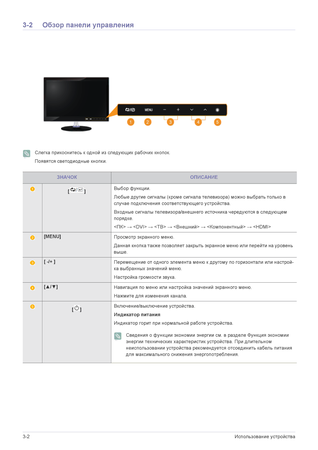 Samsung LS22EFHKFU/EN, LS22EFHKFV/EN, LS23EMDKU/EN manual Обзор панели управления, Значок Описание, Индикатор питания 