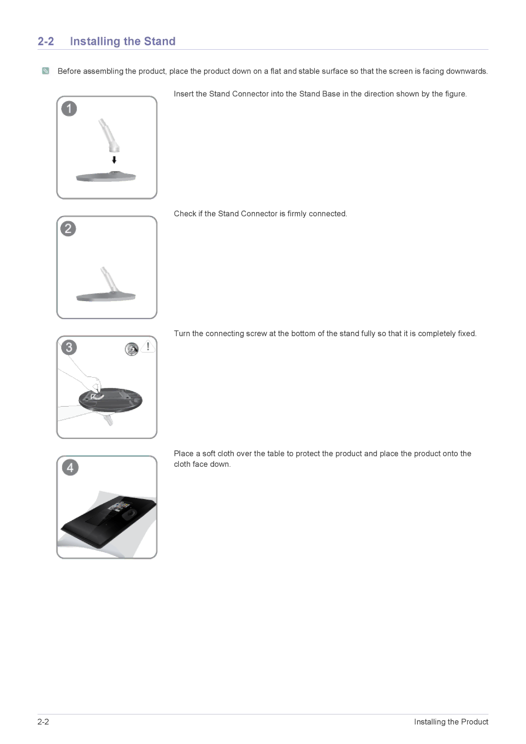 Samsung LS23EFHKFV/EN, LS22EFHKFV/EN, LS22EFHKFU/EN, LS23EMDKU/EN, LS23EMDKF/EN, LS23EFHKF/ZN manual Installing the Stand 