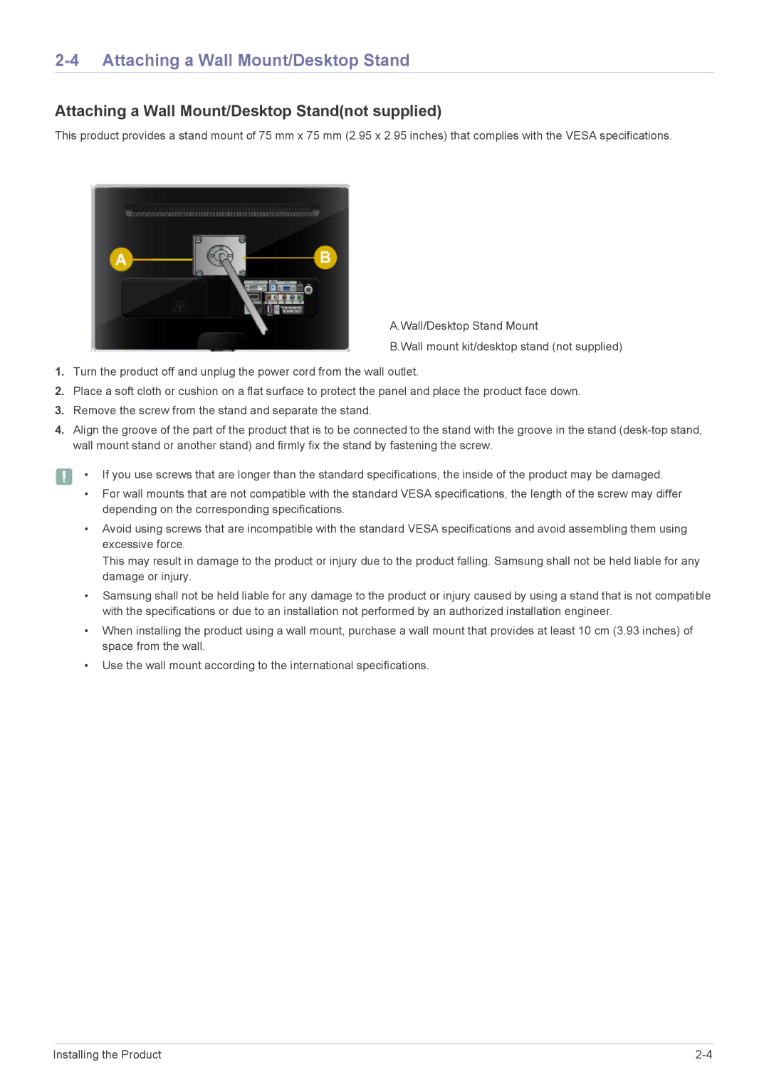 Samsung LS23EMDKU/HS, LS22EFHKFV/EN, LS22EFHKFU/EN, LS23EMDKU/EN manual Attaching a Wall Mount/Desktop Standnot supplied 