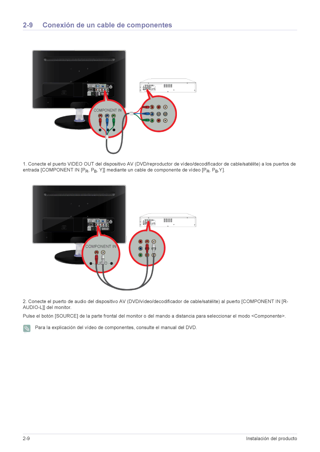 Samsung LS23EFHKFV/EN, LS22EFHKFV/EN, LS22EFHKFU/EN, LS23EMDKU/EN, LS23EMDKF/EN manual Conexión de un cable de componentes 