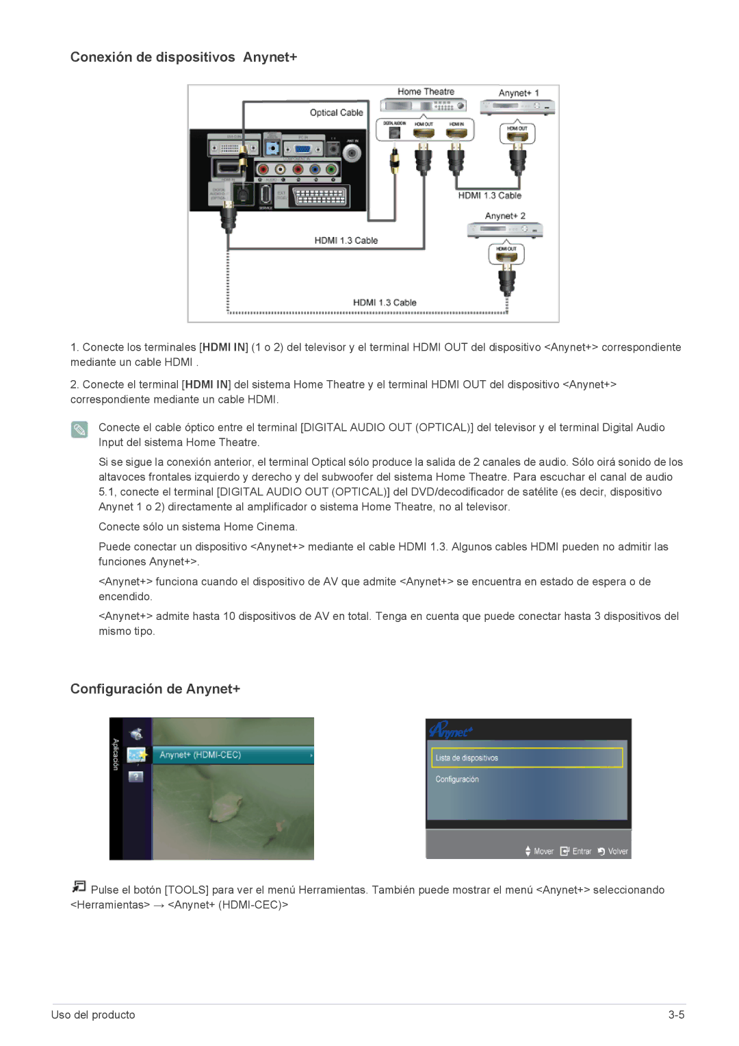 Samsung LS23EMDKF/EN, LS22EFHKFV/EN, LS22EFHKFU/EN, LS23EMDKU/EN, LS23EFHKFV/EN manual Conexión de dispositivos Anynet+ 