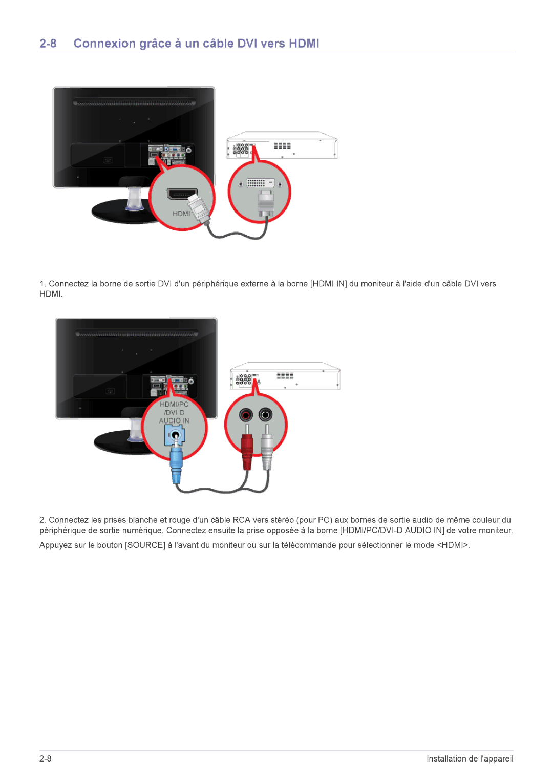 Samsung LS22EFHKFV/EN, LS22EFHKFU/EN, LS23EMDKU/EN, LS23EFHKFV/EN manual Connexion grâce à un câble DVI vers Hdmi 