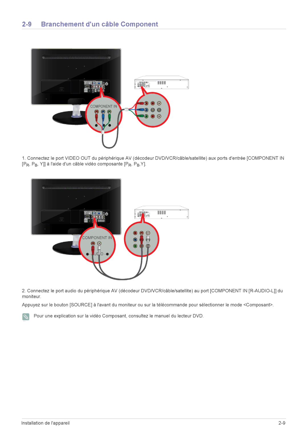 Samsung LS22EFHKFU/EN, LS22EFHKFV/EN, LS23EMDKU/EN, LS23EFHKFV/EN manual Branchement dun câble Component 