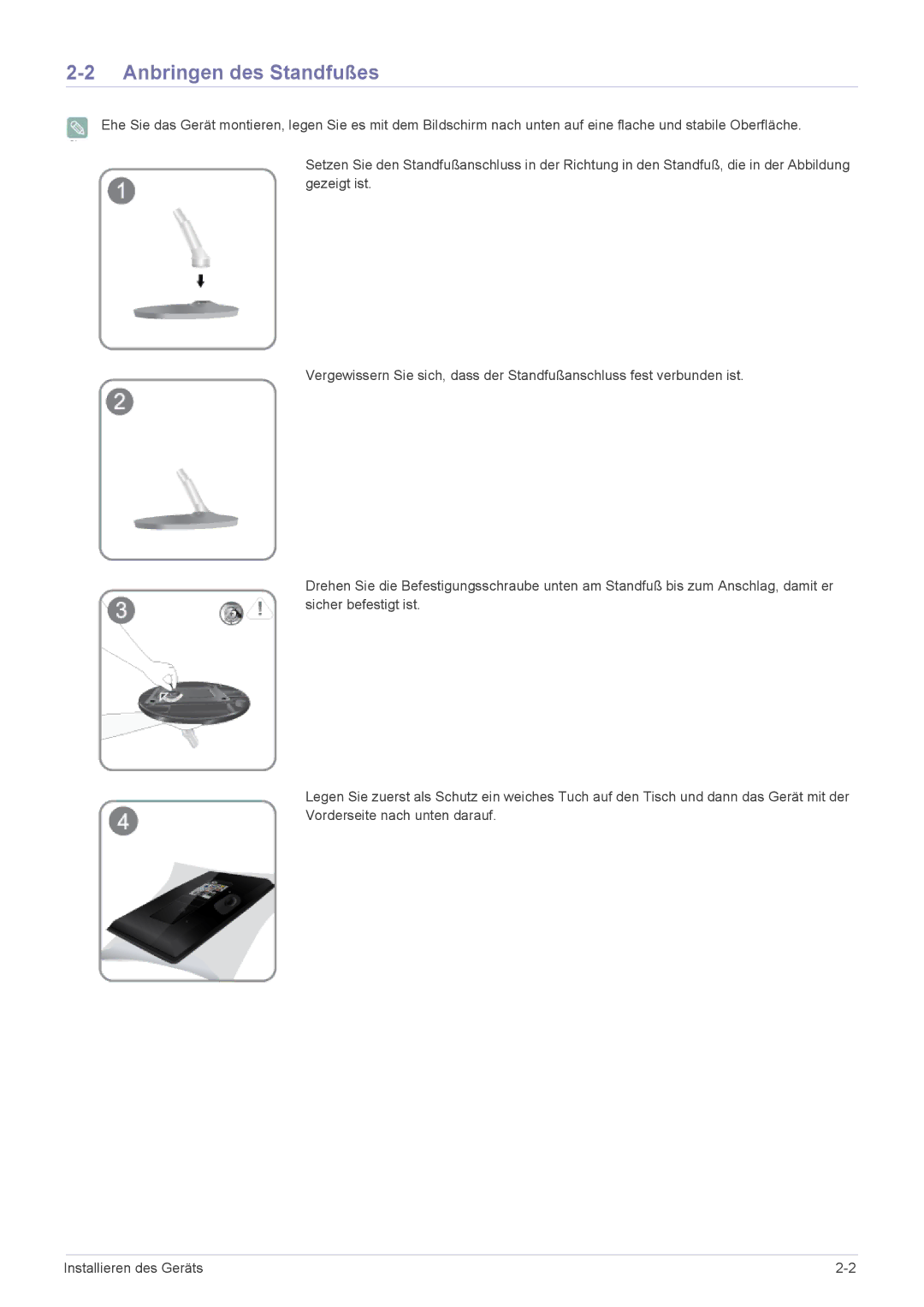 Samsung LS23EFHKFV/EN, LS22EFHKFV/EN, LS22EFHKFU/EN, LS23EMDKU/EN manual Anbringen des Standfußes 