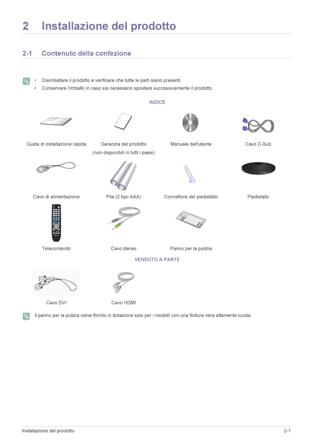 Samsung LS23EMDKU/EN, LS22EFHKFV/EN, LS22EFHKFU/EN, LS23EFHKFV/EN manual Contenuto della confezione, Indice, Venduto a Parte 