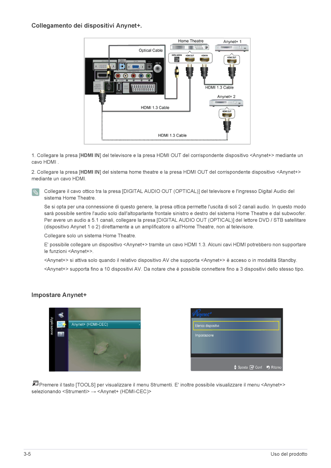 Samsung LS23EFHKFV/EN, LS22EFHKFV/EN, LS22EFHKFU/EN, LS23EMDKU/EN manual Collegamento dei dispositivi Anynet+ 