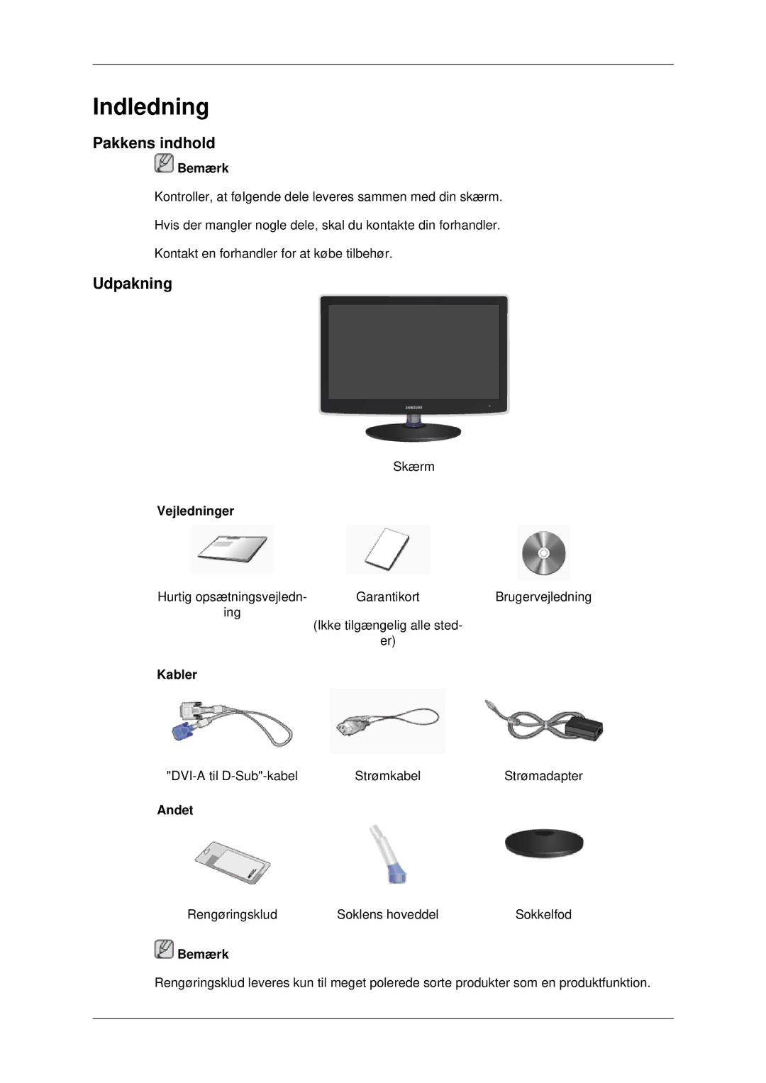 Samsung LS22EFHKFV/EN, LS23EFHKFV/EN manual Indledning, Pakkens indhold, Udpakning 