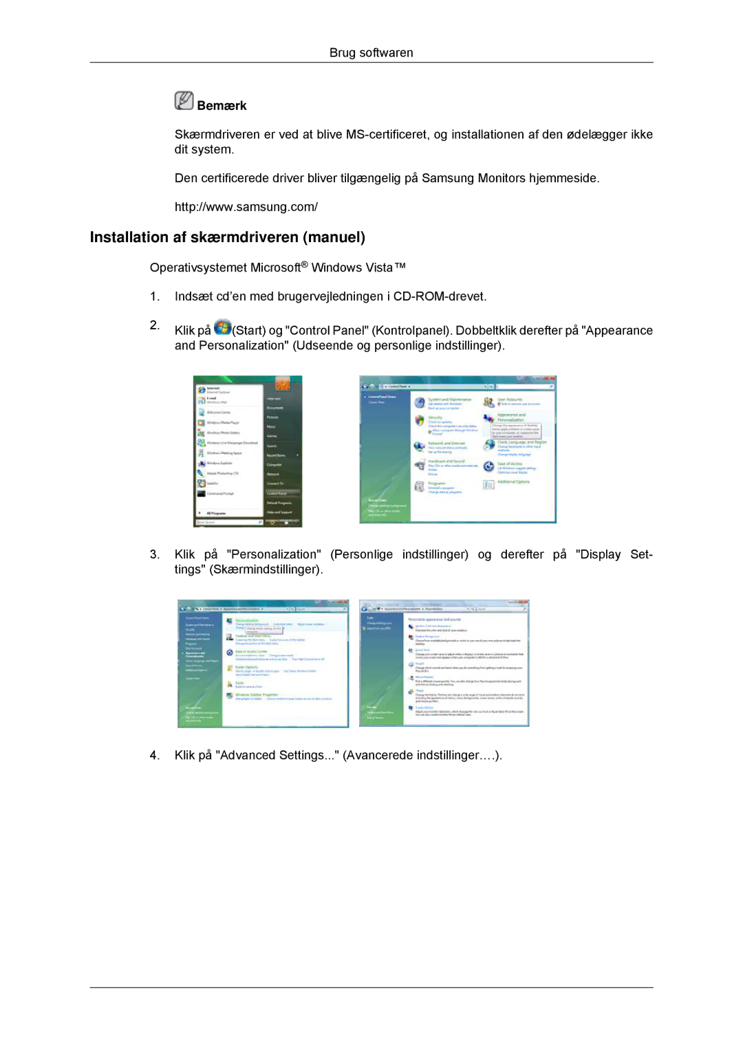 Samsung LS22EFHKFV/EN, LS23EFHKFV/EN manual Installation af skærmdriveren manuel 