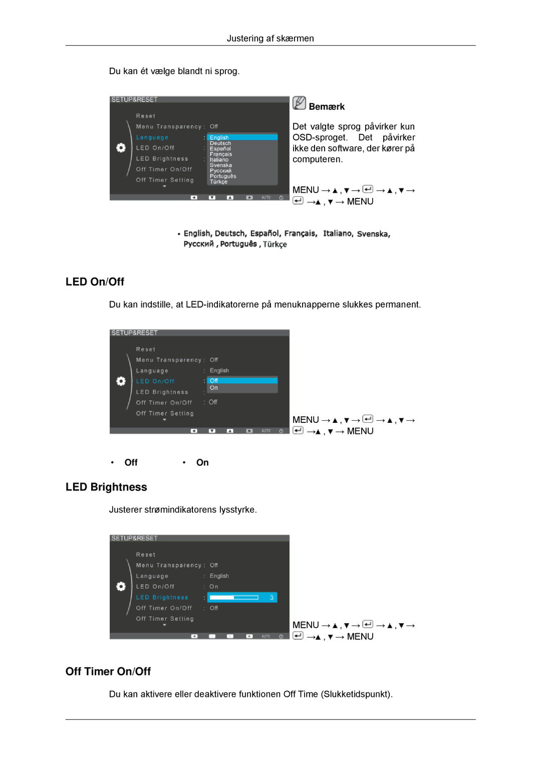 Samsung LS22EFHKFV/EN, LS23EFHKFV/EN manual LED On/Off, LED Brightness, Off Timer On/Off 