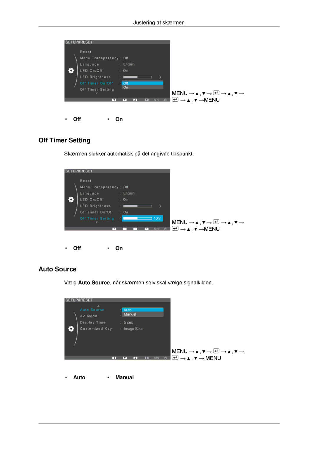 Samsung LS23EFHKFV/EN, LS22EFHKFV/EN manual Off Timer Setting, Auto Source, Auto Manual 