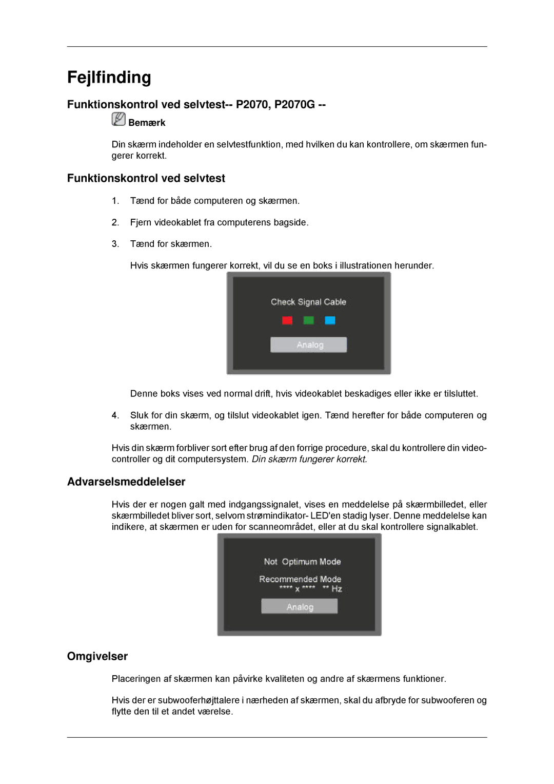 Samsung LS22EFHKFV/EN, LS23EFHKFV/EN manual Fejlfinding, Funktionskontrol ved selvtest-- P2070, P2070G, Omgivelser 