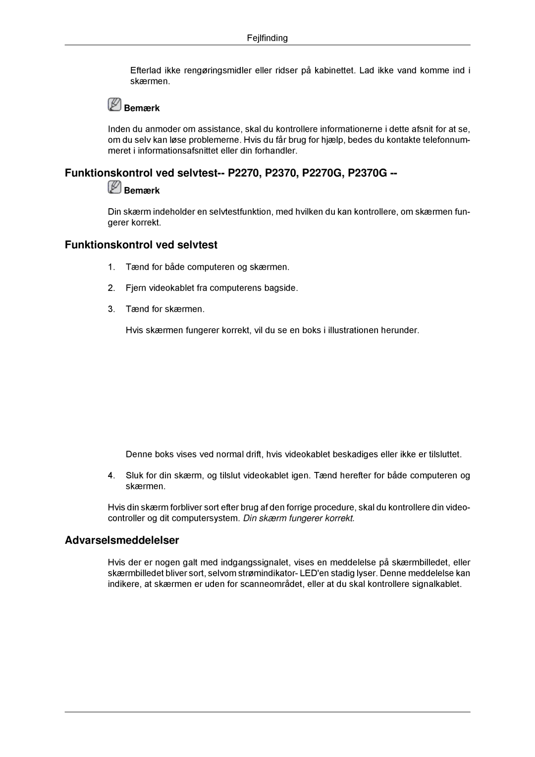 Samsung LS23EFHKFV/EN, LS22EFHKFV/EN manual Funktionskontrol ved selvtest-- P2270, P2370, P2270G, P2370G 