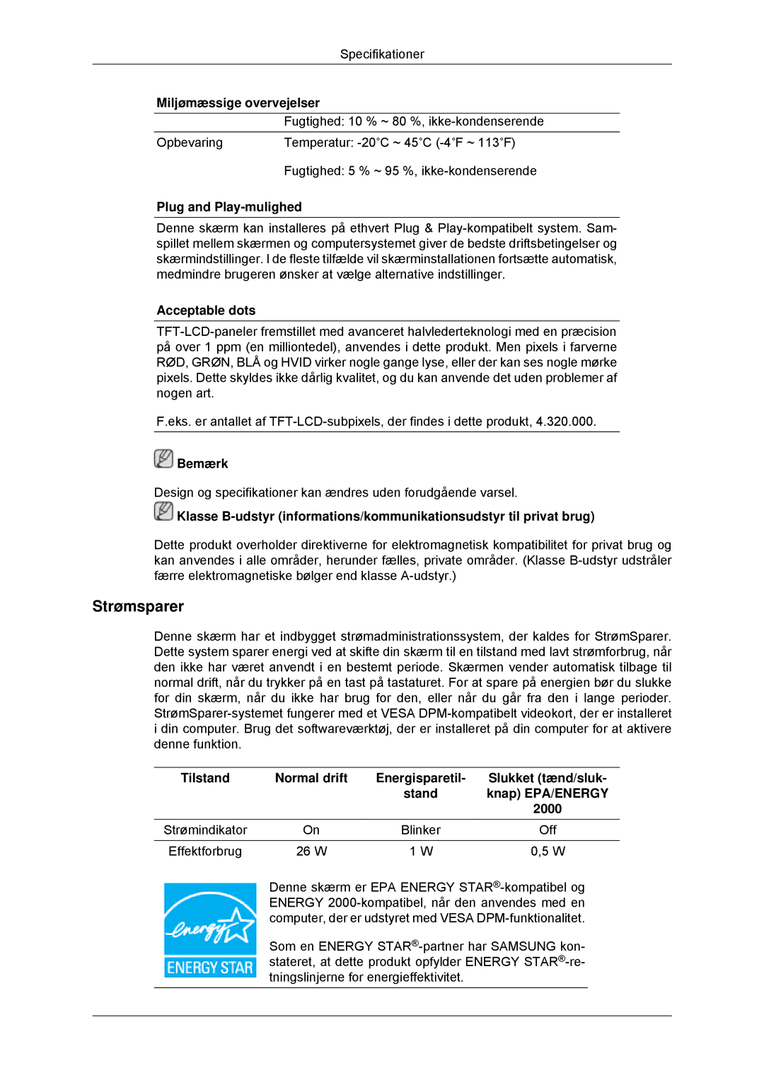 Samsung LS22EFHKFV/EN, LS23EFHKFV/EN manual Strømsparer, Plug and Play-mulighed, Acceptable dots 