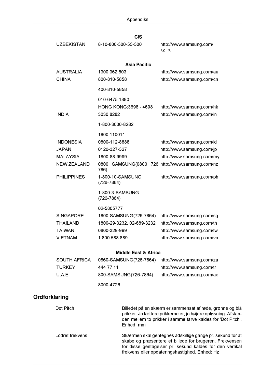 Samsung LS23EFHKFV/EN, LS22EFHKFV/EN manual Ordforklaring, Asia Pacific, Middle East & Africa 