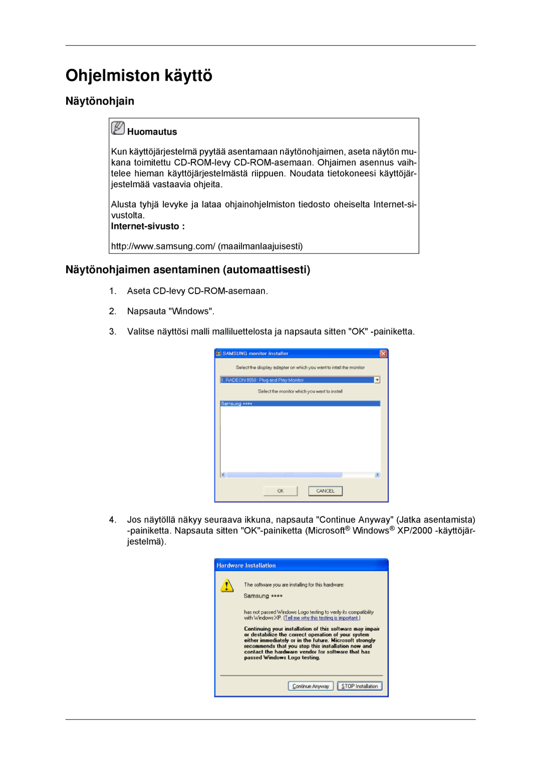 Samsung LS23EFHKFV/EN manual Ohjelmiston käyttö, Näytönohjain, Näytönohjaimen asentaminen automaattisesti, Internet-sivusto 