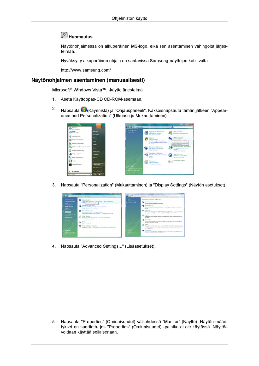 Samsung LS22EFHKFV/EN, LS23EFHKFV/EN manual Näytönohjaimen asentaminen manuaalisesti 