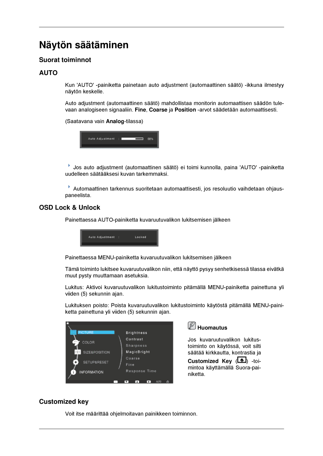 Samsung LS22EFHKFV/EN, LS23EFHKFV/EN manual Näytön säätäminen, Suorat toiminnot, OSD Lock & Unlock, Customized key 