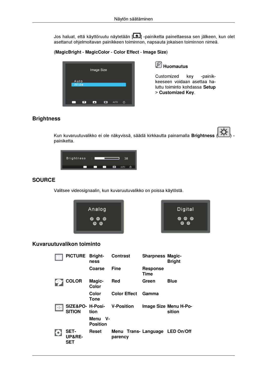 Samsung LS23EFHKFV/EN, LS22EFHKFV/EN manual Brightness, Kuvaruutuvalikon toiminto 