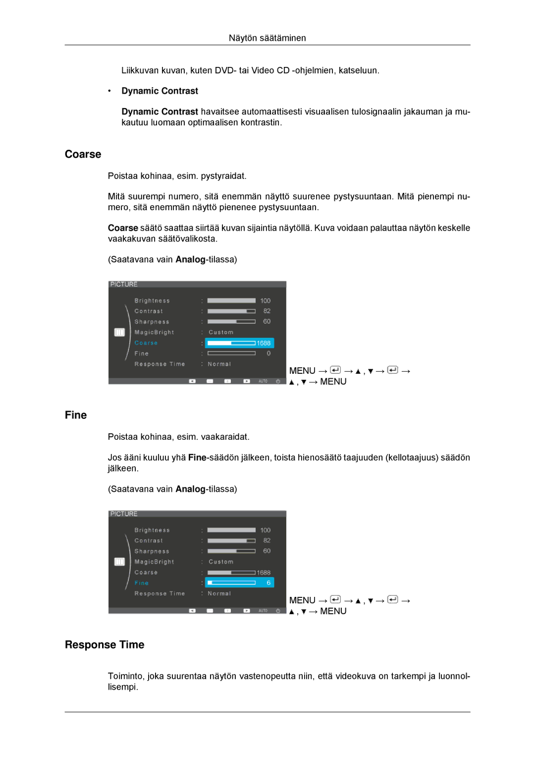 Samsung LS22EFHKFV/EN, LS23EFHKFV/EN manual Coarse, Fine, Response Time, Dynamic Contrast 