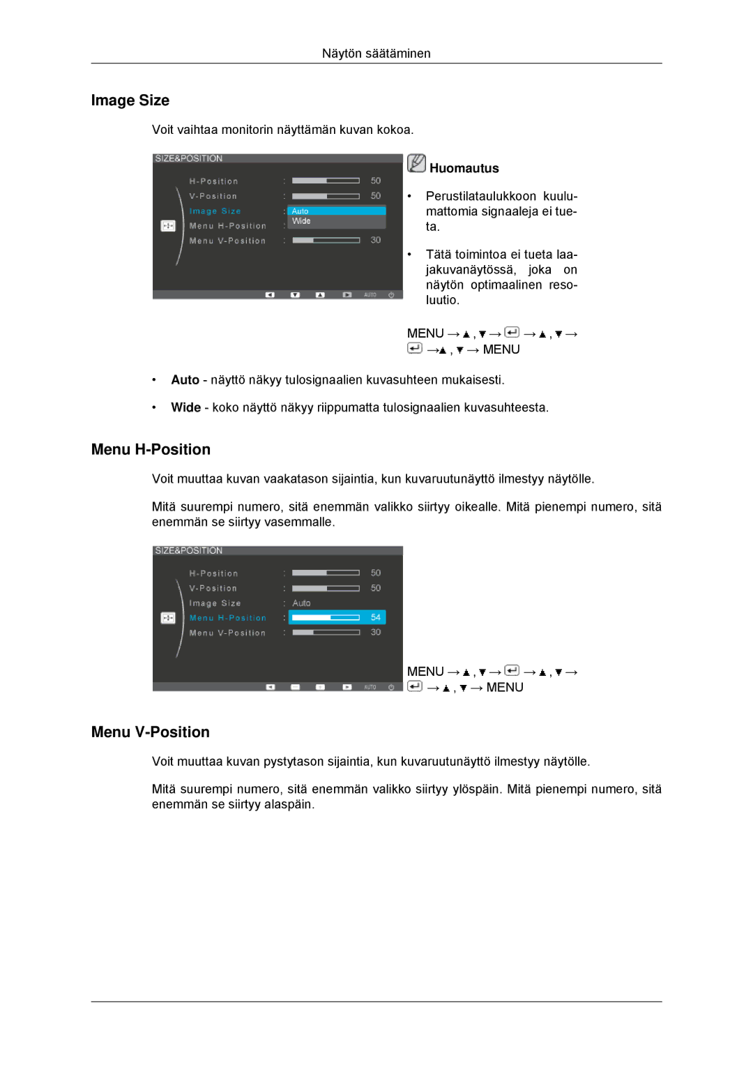 Samsung LS23EFHKFV/EN, LS22EFHKFV/EN manual Image Size, Menu H-Position, Menu V-Position 