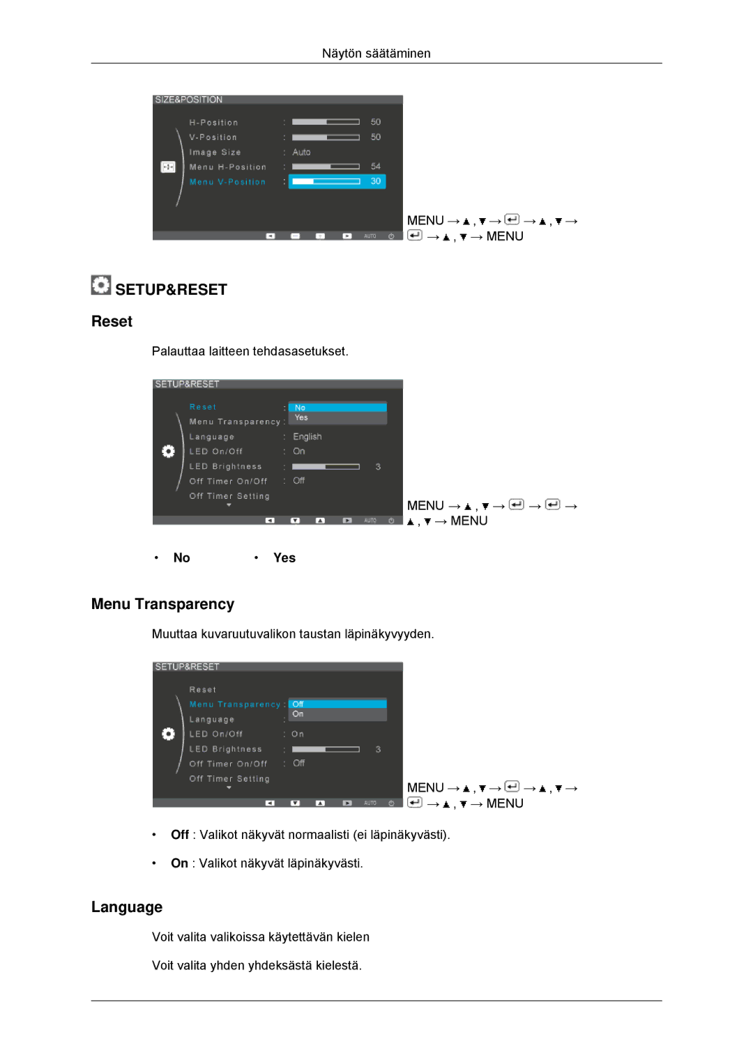 Samsung LS22EFHKFV/EN, LS23EFHKFV/EN manual Reset, Menu Transparency, Language, Yes 