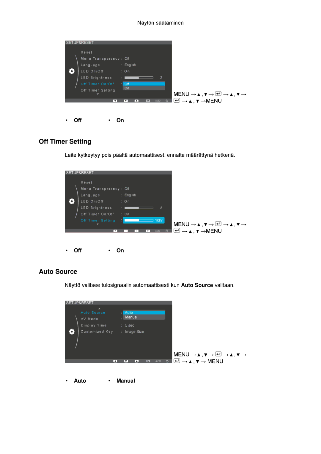 Samsung LS22EFHKFV/EN, LS23EFHKFV/EN manual Off Timer Setting, Auto Source, Auto Manual 