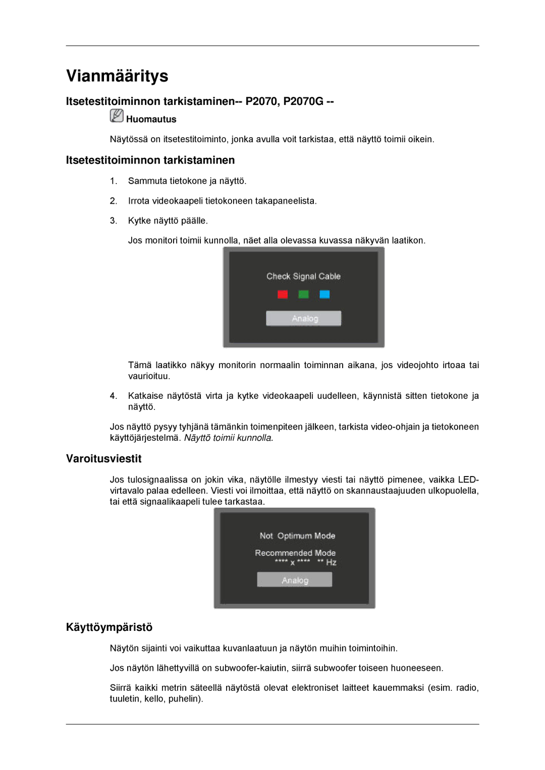 Samsung LS23EFHKFV/EN Vianmääritys, Itsetestitoiminnon tarkistaminen-- P2070, P2070G, Varoitusviestit, Käyttöympäristö 