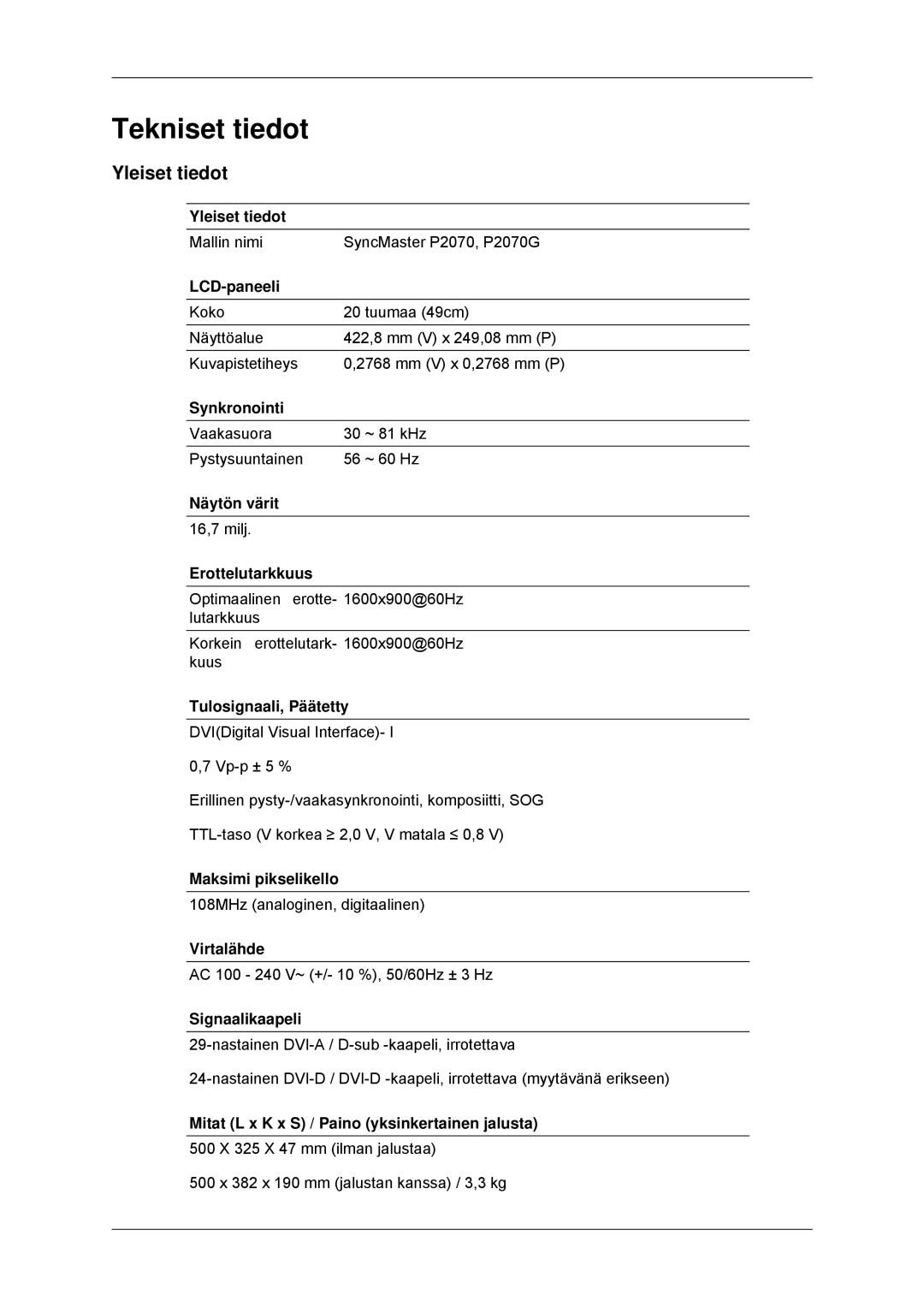 Samsung LS22EFHKFV/EN, LS23EFHKFV/EN manual Tekniset tiedot, Yleiset tiedot 