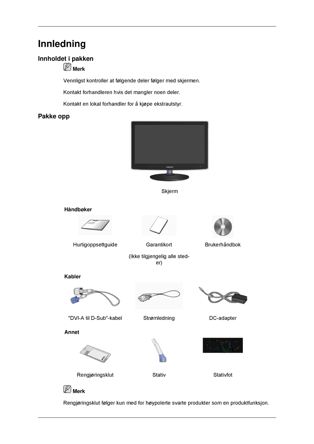 Samsung LS22EFHKFV/EN, LS23EFHKFV/EN manual Innledning, Innholdet i pakken, Pakke opp 