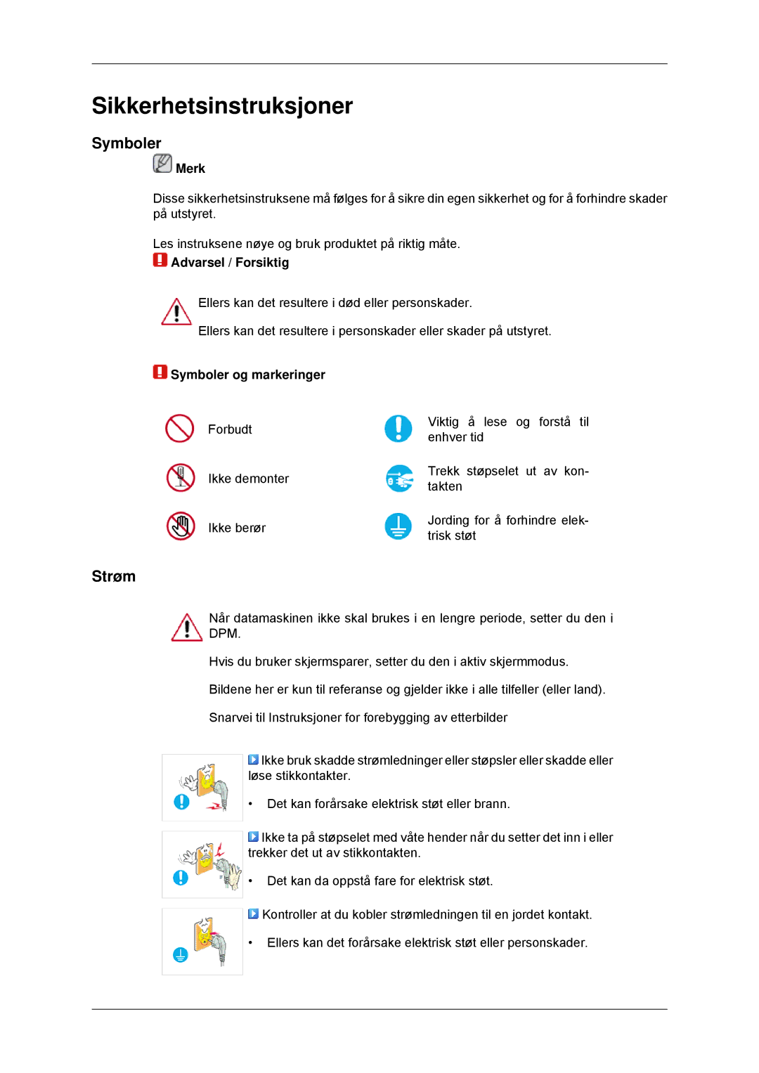 Samsung LS22EFHKFV/EN, LS23EFHKFV/EN manual Sikkerhetsinstruksjoner, Strøm, Merk, Symboler og markeringer 