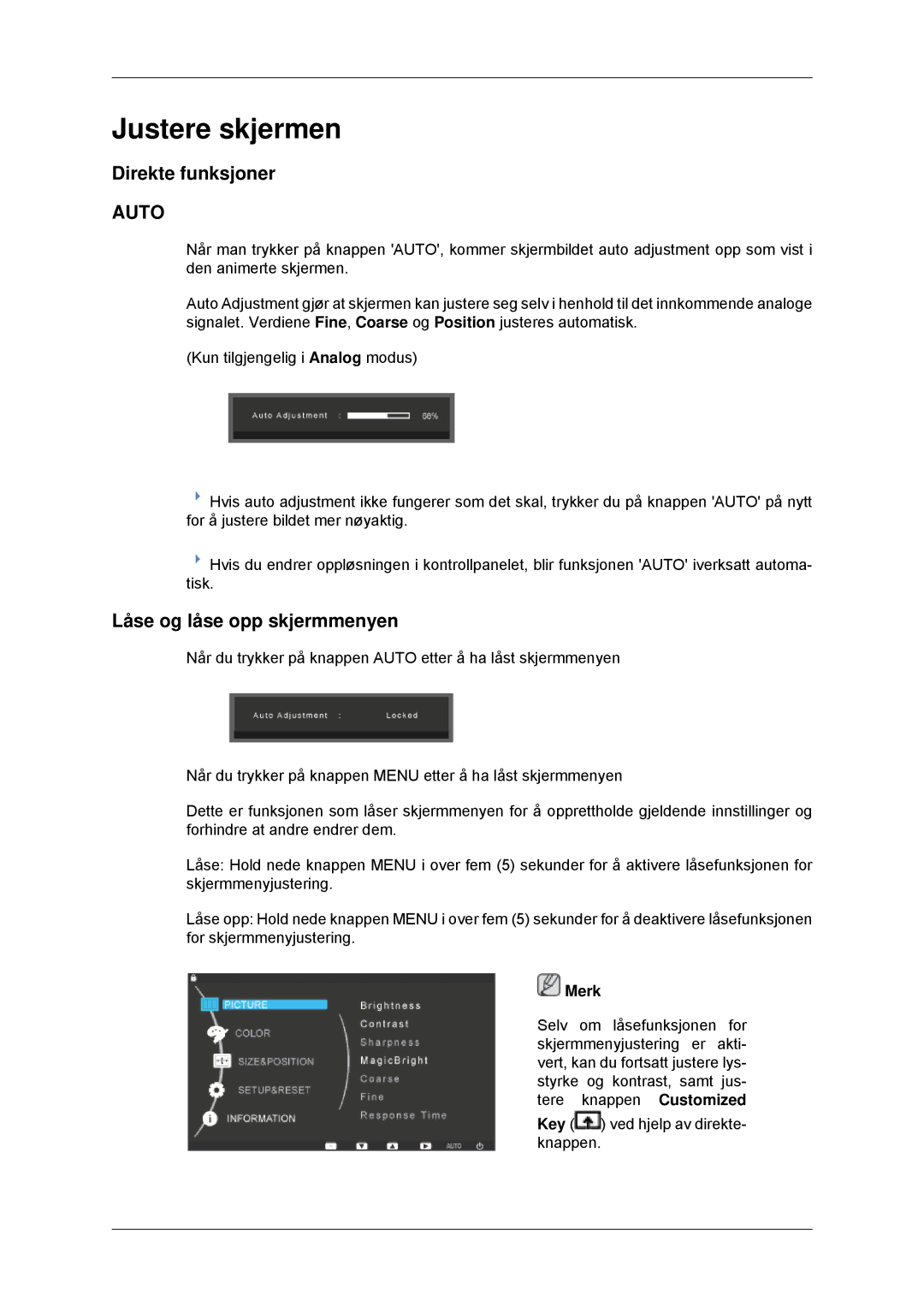 Samsung LS22EFHKFV/EN, LS23EFHKFV/EN manual Justere skjermen, Direkte funksjoner, Låse og låse opp skjermmenyen 