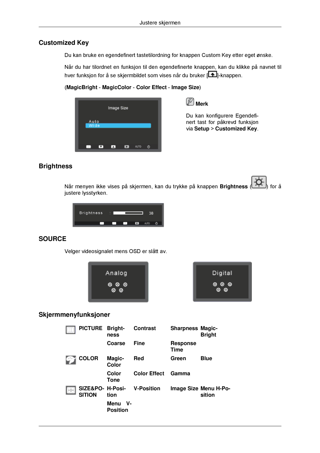 Samsung LS23EFHKFV/EN, LS22EFHKFV/EN manual Customized Key, Brightness, Skjermmenyfunksjoner, Tion Sition Menu Position 