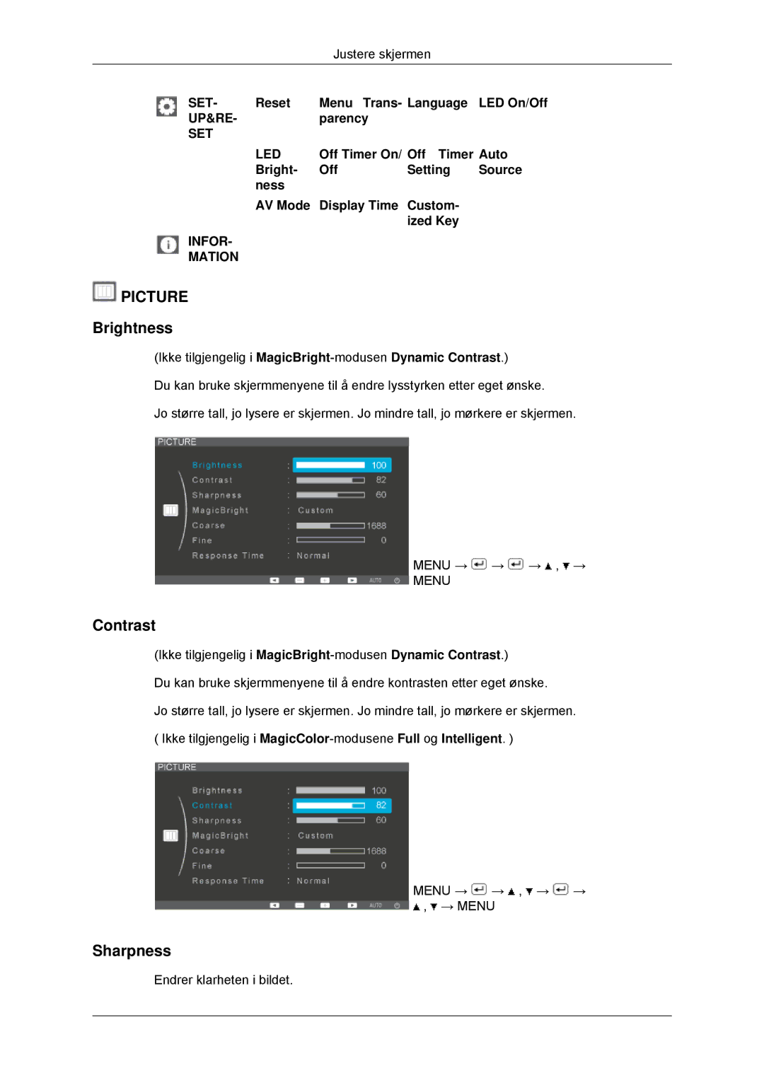 Samsung LS22EFHKFV/EN Contrast, Sharpness, Reset Menu Trans- Language LED On/Off, Parency, Off Timer On/ Off Timer Auto 