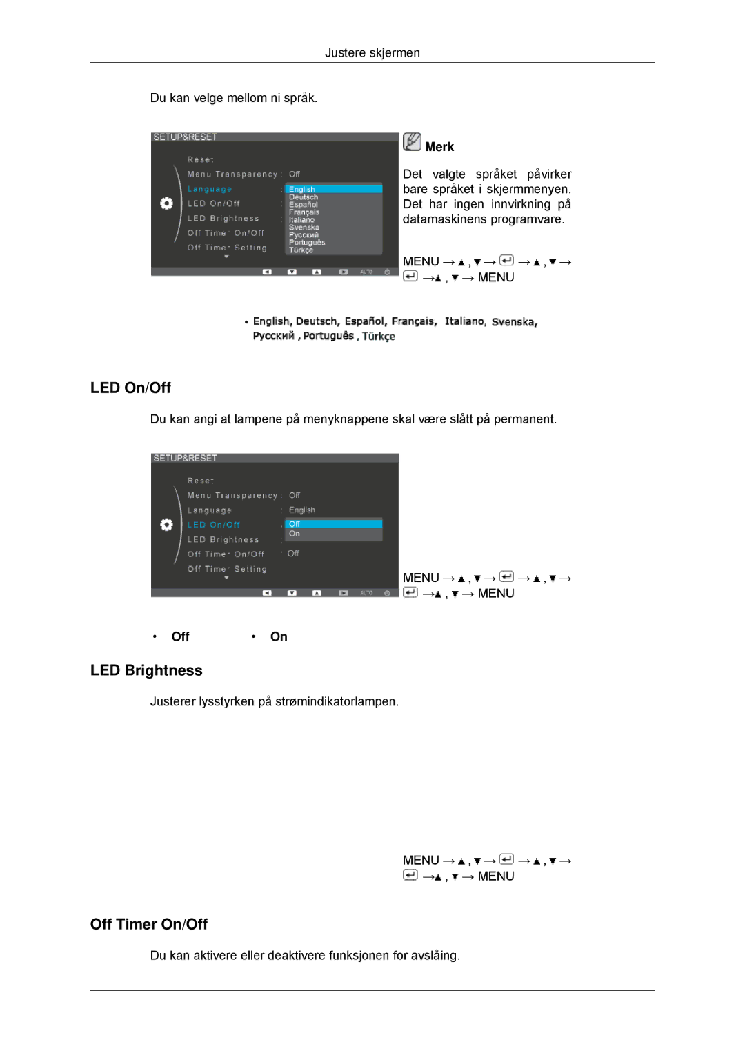 Samsung LS23EFHKFV/EN, LS22EFHKFV/EN manual LED On/Off, LED Brightness, Off Timer On/Off 