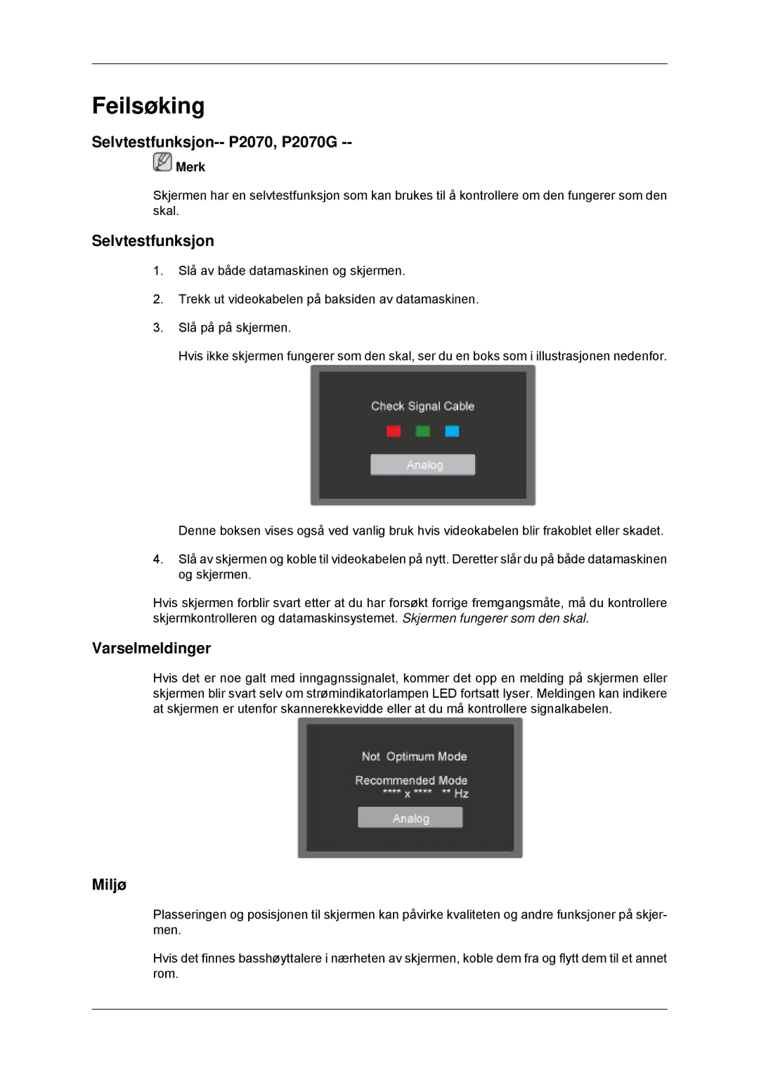 Samsung LS23EFHKFV/EN, LS22EFHKFV/EN manual Feilsøking, Selvtestfunksjon-- P2070, P2070G, Varselmeldinger, Miljø 