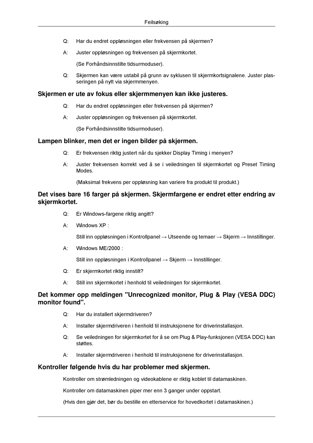 Samsung LS23EFHKFV/EN, LS22EFHKFV/EN manual Lampen blinker, men det er ingen bilder på skjermen 