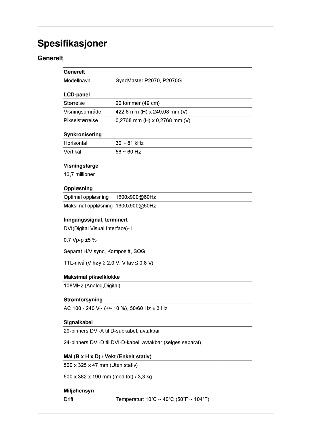 Samsung LS22EFHKFV/EN, LS23EFHKFV/EN manual Spesifikasjoner, Generelt 