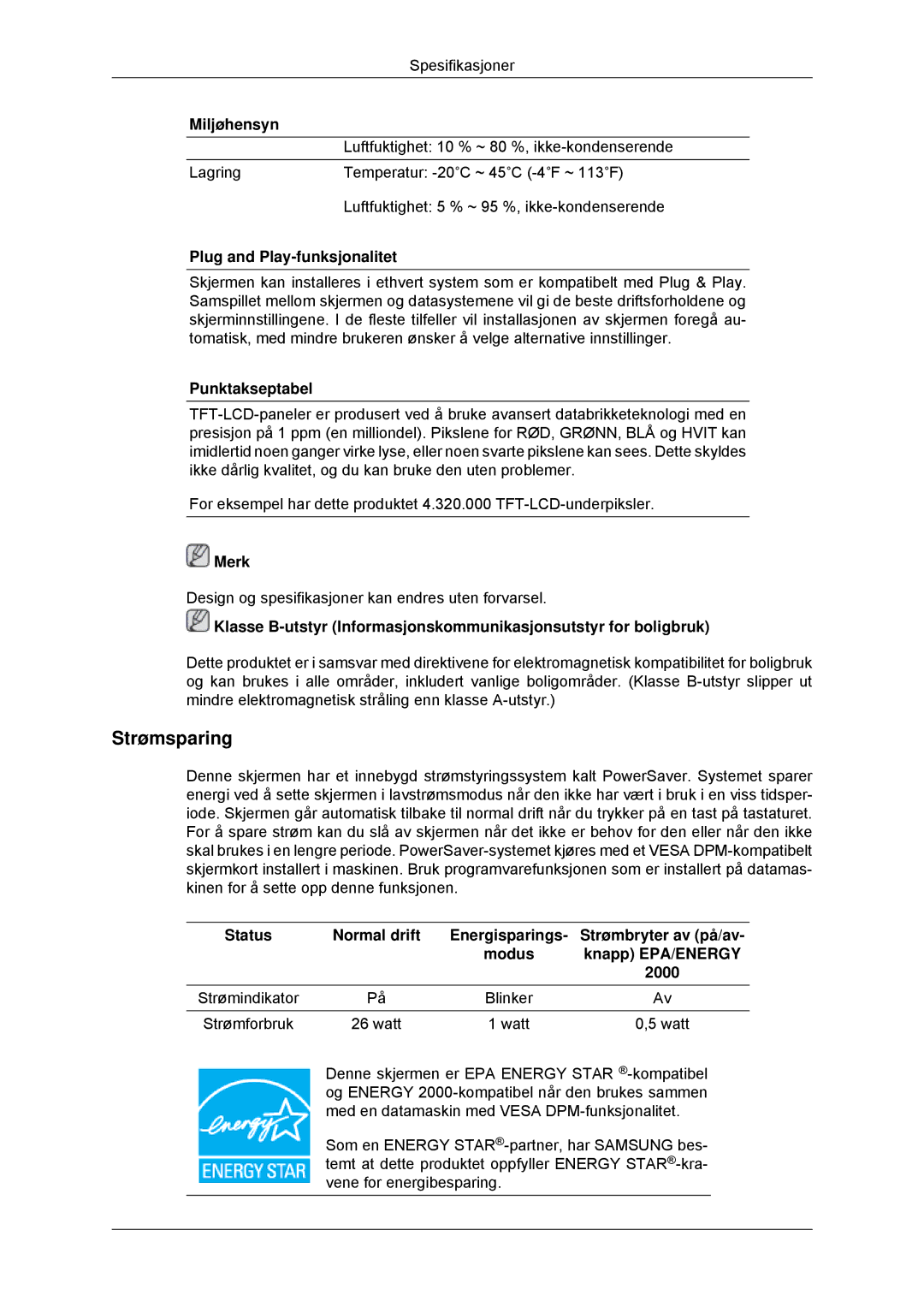 Samsung LS23EFHKFV/EN, LS22EFHKFV/EN manual Strømsparing, Plug and Play-funksjonalitet, Punktakseptabel 