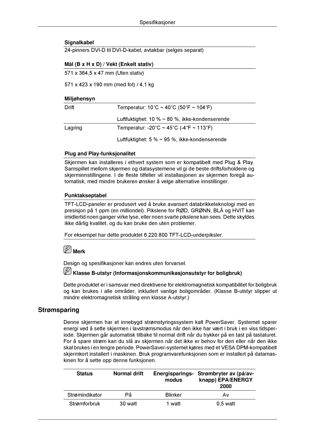 Samsung LS22EFHKFV/EN, LS23EFHKFV/EN manual Strømindikator Blinker Strømforbruk Watt 