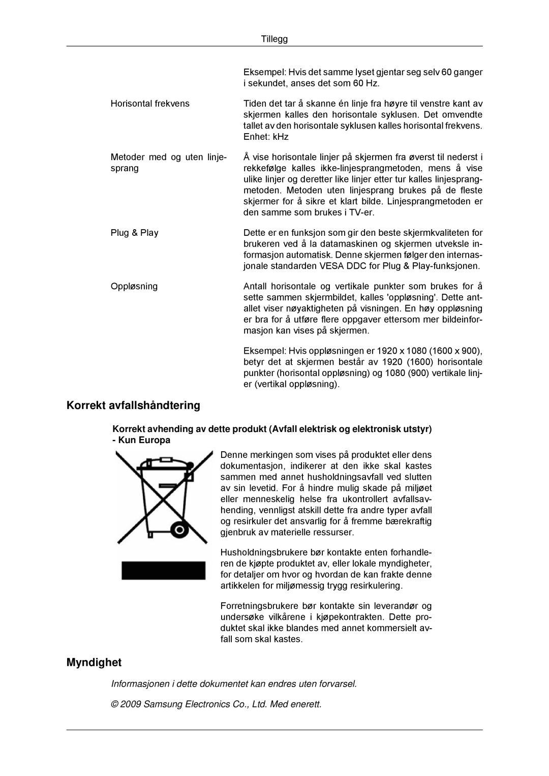 Samsung LS23EFHKFV/EN, LS22EFHKFV/EN manual Korrekt avfallshåndtering, Myndighet 