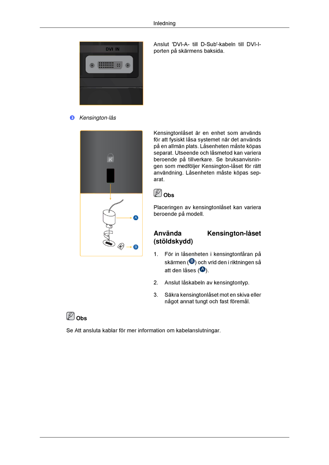 Samsung LS22EFHKFV/EN, LS23EFHKFV/EN manual Använda Kensington-låset stöldskydd 