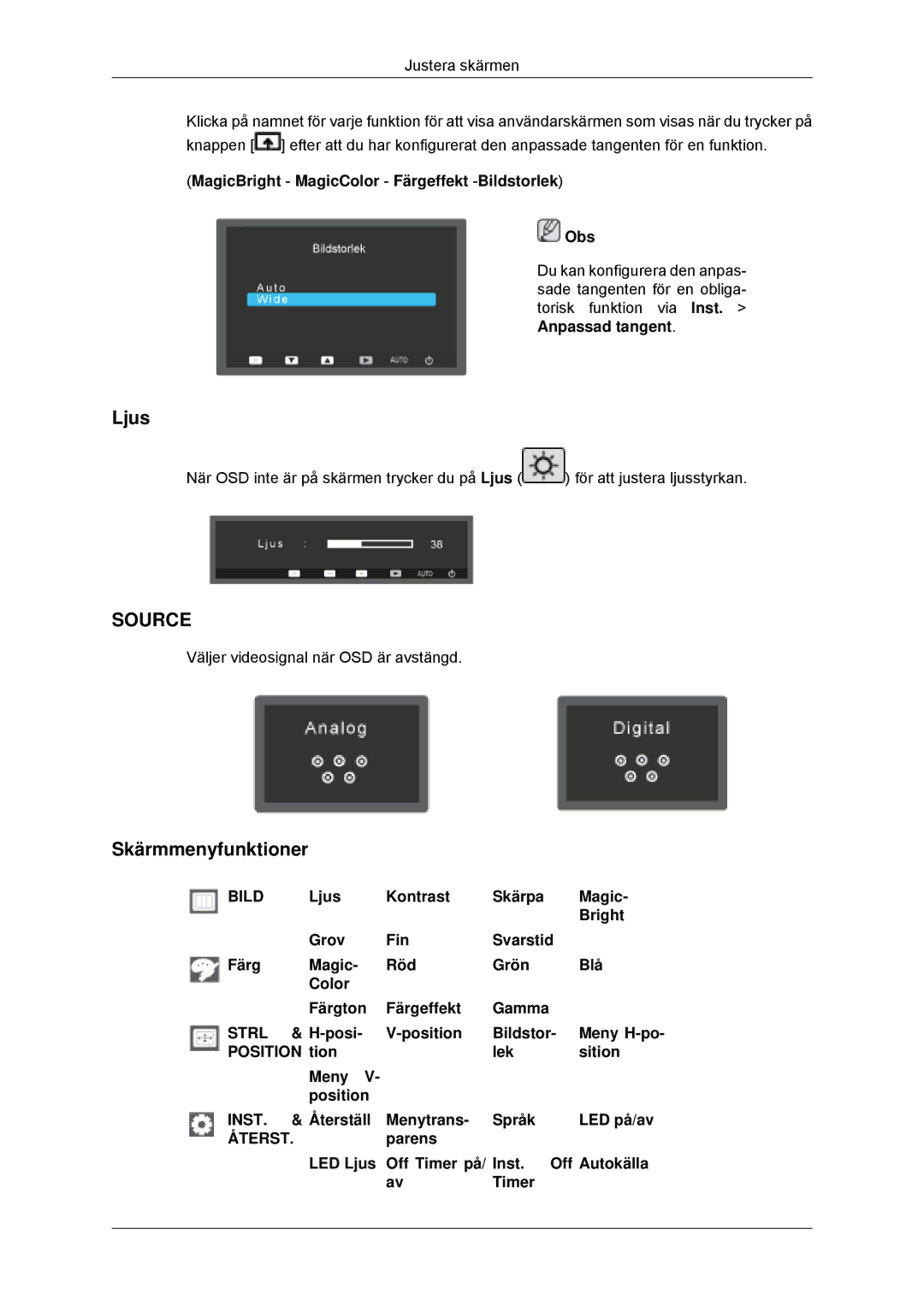 Samsung LS23EFHKFV/EN, LS22EFHKFV/EN manual Ljus, Skärmmenyfunktioner 