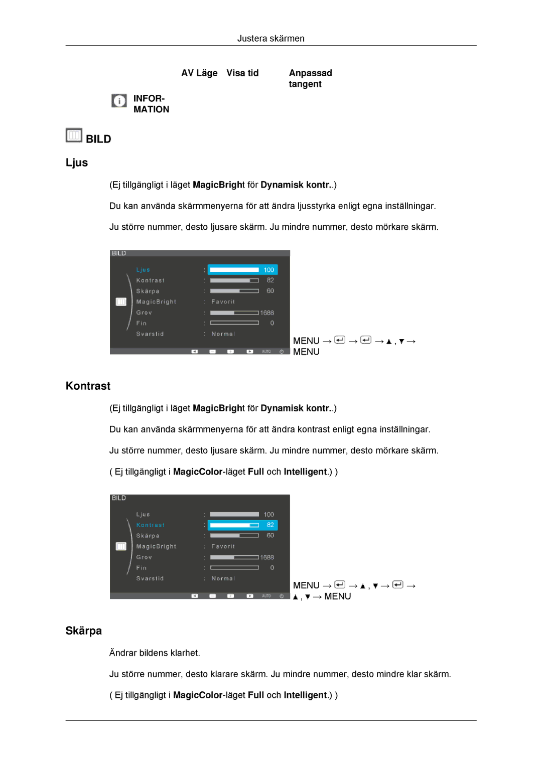 Samsung LS22EFHKFV/EN, LS23EFHKFV/EN manual Kontrast, Skärpa, AV Läge Visa tid Anpassad Tangent 