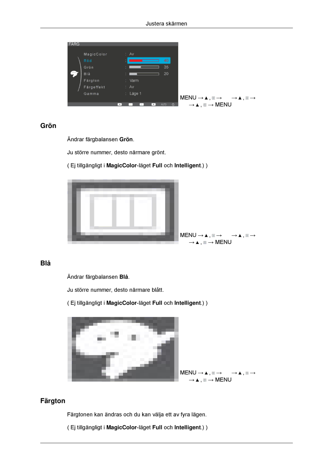 Samsung LS22EFHKFV/EN, LS23EFHKFV/EN manual Grön, Blå, Färgton 