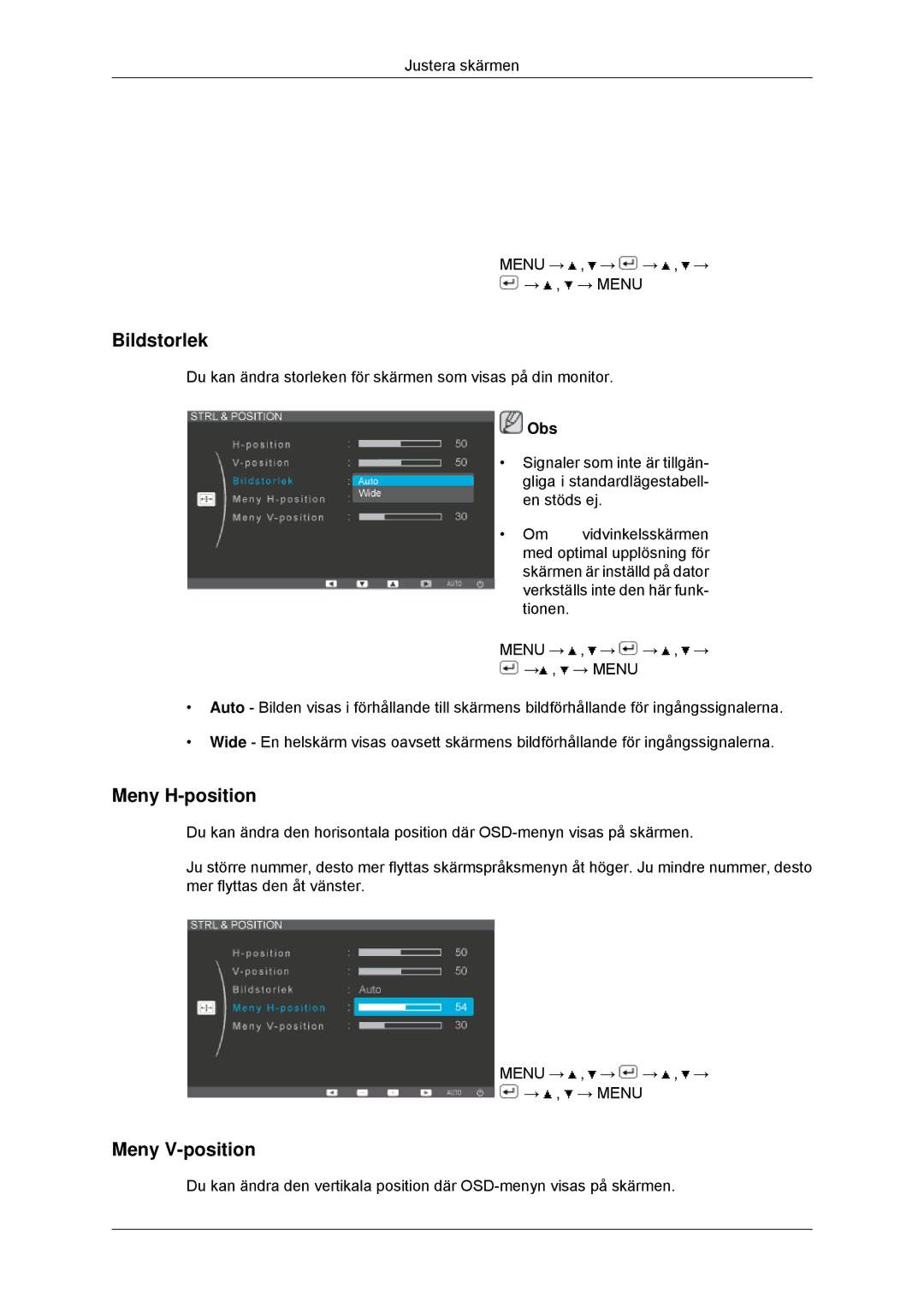 Samsung LS23EFHKFV/EN, LS22EFHKFV/EN manual Bildstorlek, Meny H-position, Meny V-position 