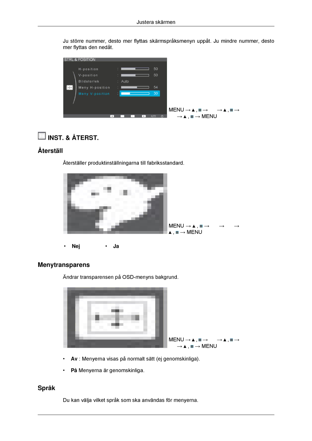 Samsung LS22EFHKFV/EN, LS23EFHKFV/EN manual Återställ, Menytransparens, Språk, Nej 