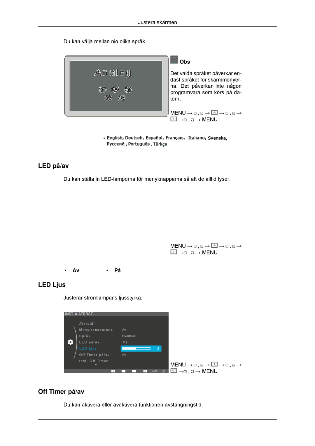 Samsung LS23EFHKFV/EN, LS22EFHKFV/EN manual LED på/av, LED Ljus, Off Timer på/av 