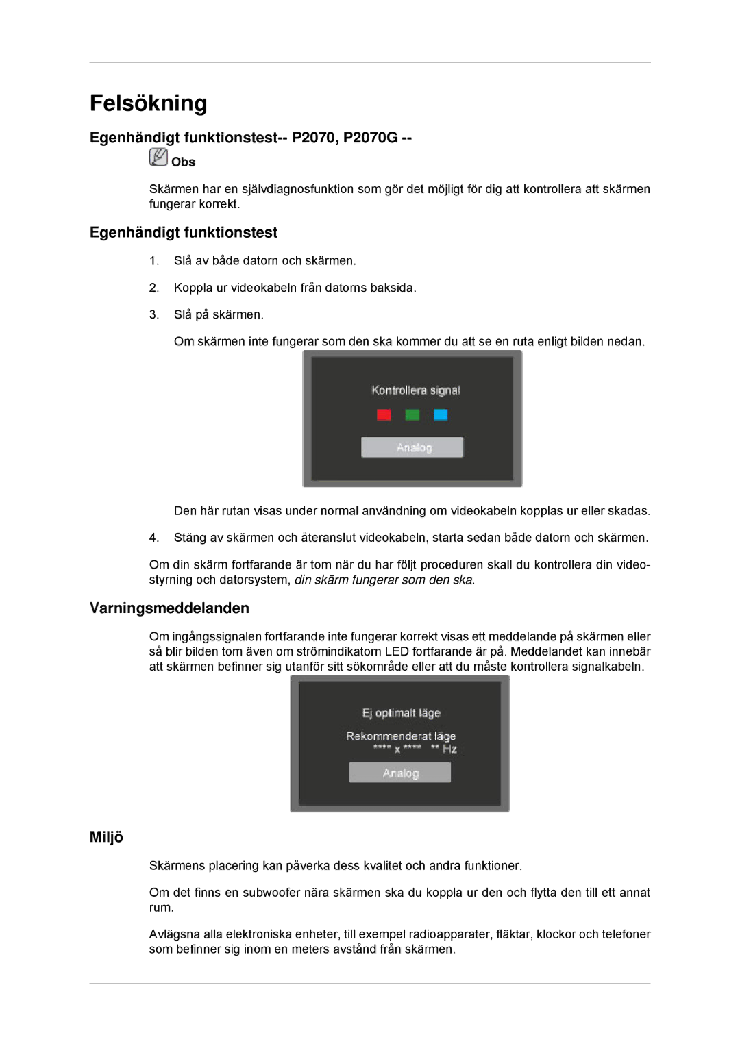 Samsung LS23EFHKFV/EN, LS22EFHKFV/EN Felsökning, Egenhändigt funktionstest-- P2070, P2070G, Varningsmeddelanden, Miljö 