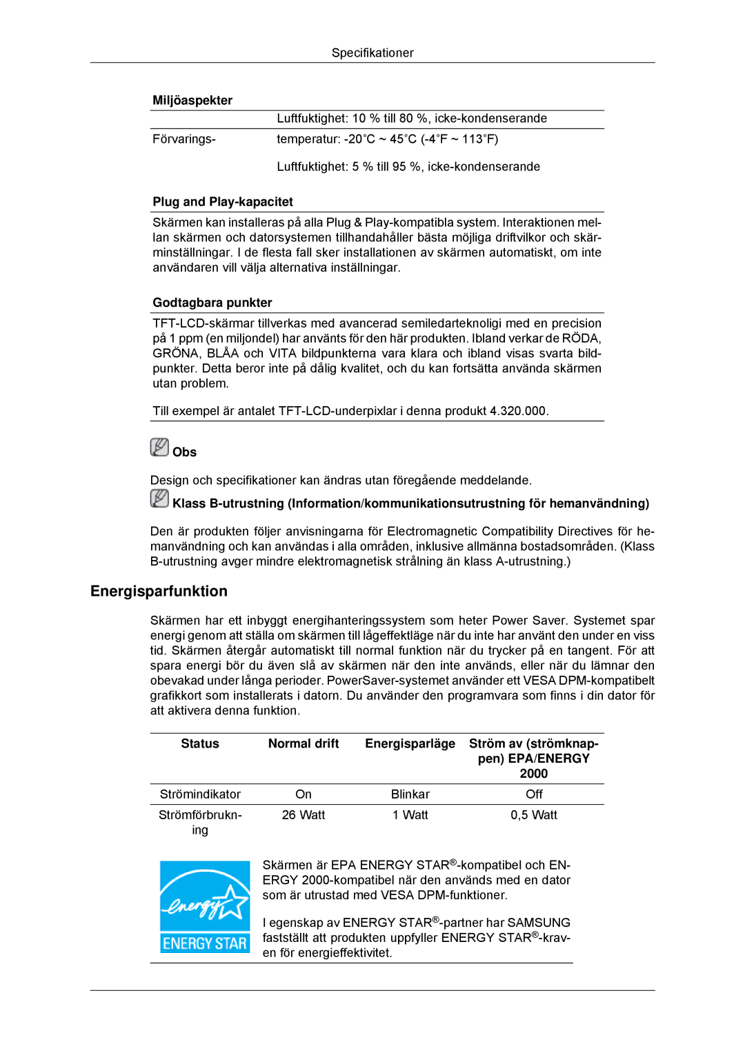 Samsung LS22EFHKFV/EN, LS23EFHKFV/EN manual Energisparfunktion, Plug and Play-kapacitet, Godtagbara punkter 