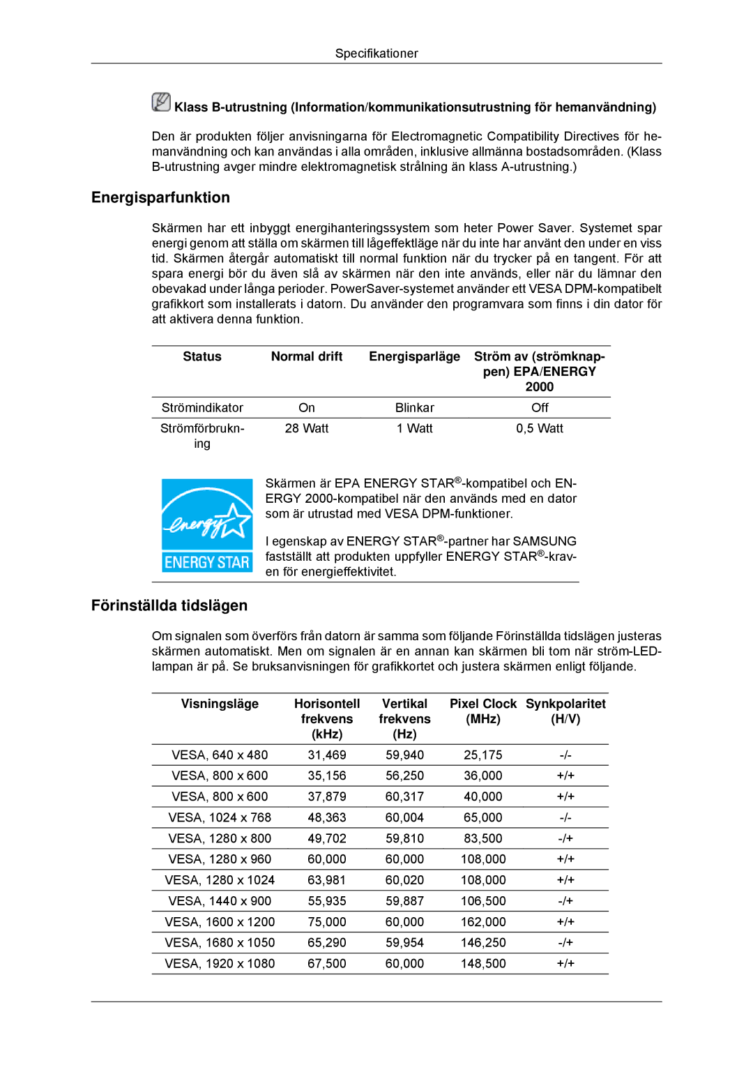 Samsung LS23EFHKFV/EN, LS22EFHKFV/EN manual Energisparfunktion, Synkpolaritet Frekvens MHz KHz 